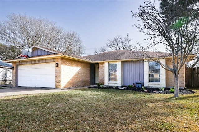 ranch-style house featuring brick siding, a front yard, fence, a garage, and driveway