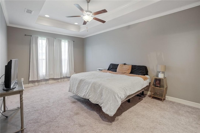 7618 Dove Hollow Dr, Corpus Christi, TX 78414 - bedroom with carpet flooring, a tray ceiling, baseboards, crown molding, and ceiling fan