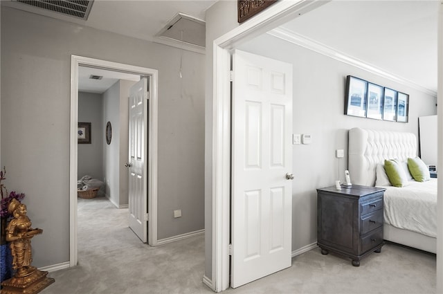 4705 Grand Lake Dr, Corpus Christi, TX 78413 - bedroom with attic access, light colored carpet, and ornamental molding
