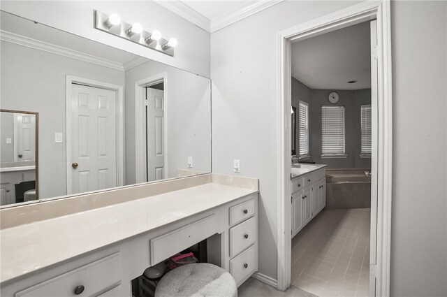 4705 Grand Lake Dr, Corpus Christi, TX 78413 - full bathroom featuring a garden tub, vanity, crown molding, and tile patterned flooring