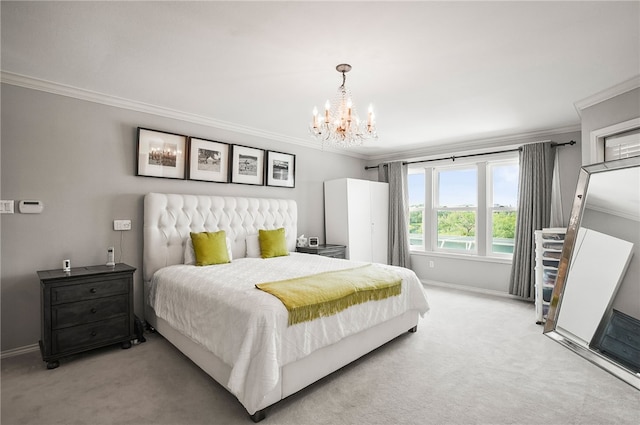 4705 Grand Lake Dr, Corpus Christi, TX 78413 - bedroom featuring crown molding, light carpet, and a chandelier