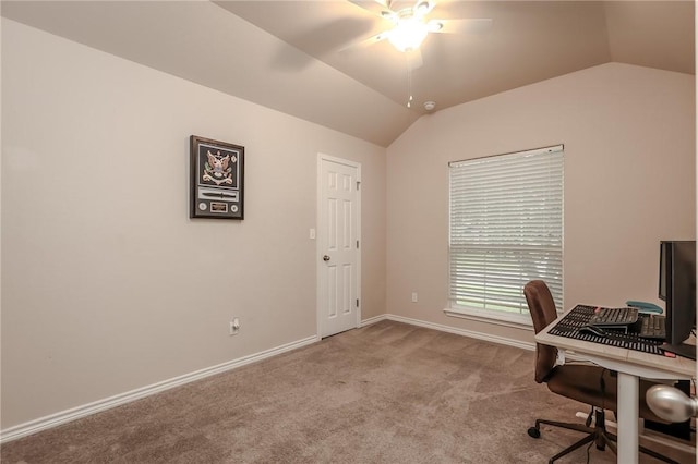 7717 Cattlemen Dr, Corpus Christi, TX 78414 - carpeted office space featuring a ceiling fan, vaulted ceiling, and baseboards