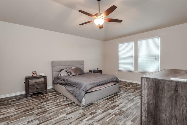 7717 Cattlemen Dr, Corpus Christi, TX 78414 - bedroom featuring wood finished floors, baseboards, ceiling fan, and lofted ceiling