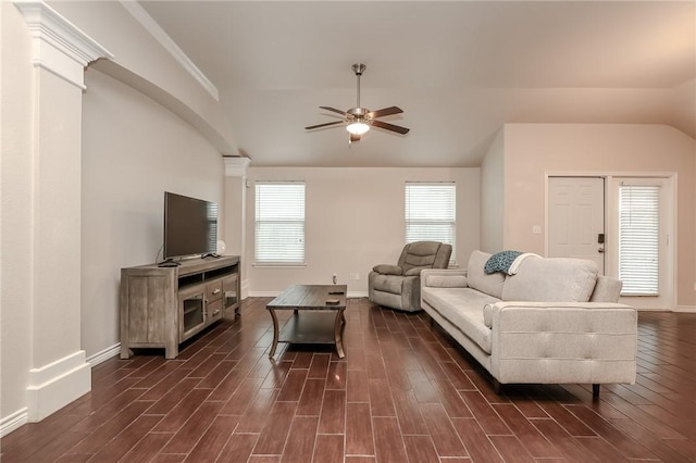 7717 Cattlemen Dr, Corpus Christi, TX 78414 - living room featuring a ceiling fan, lofted ceiling, ornate columns, dark wood-style floors, and baseboards