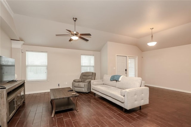 7717 Cattlemen Dr, Corpus Christi, TX 78414 - living area with lofted ceiling, baseboards, dark wood finished floors, and a ceiling fan