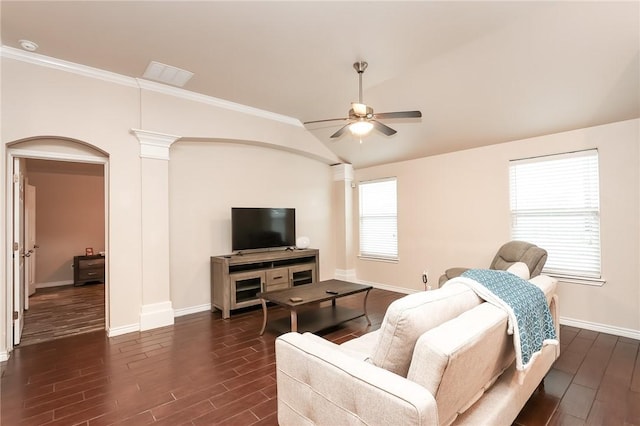 7717 Cattlemen Dr, Corpus Christi, TX 78414 - living room featuring a ceiling fan, lofted ceiling, dark wood-type flooring, baseboards, and ornate columns