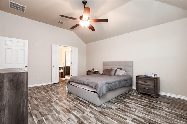 7717 Cattlemen Dr, Corpus Christi, TX 78414 - bedroom with vaulted ceiling, wood finished floors, baseboards, ceiling fan, and ensuite bathroom