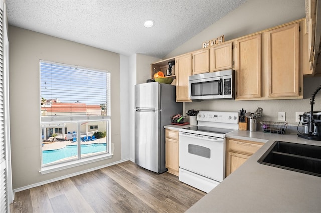 kitchen featuring lofted ceiling, wood-type flooring, a textured ceiling, light brown cabinets, and appliances with stainless steel finishes