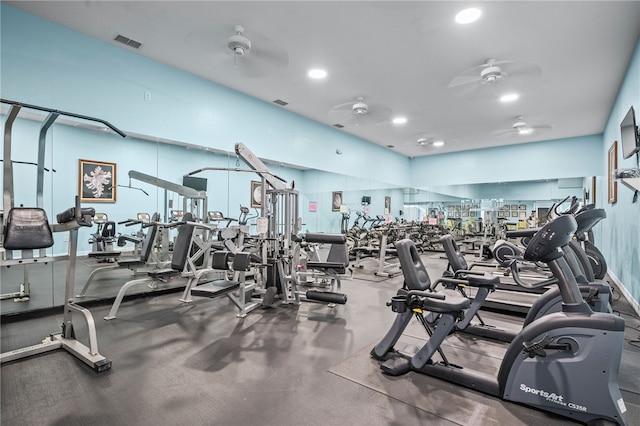 workout area featuring ceiling fan