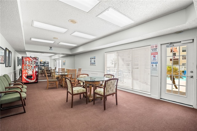 carpeted dining room featuring plenty of natural light and a textured ceiling