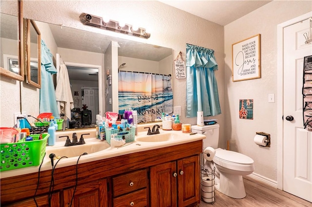 606 N Ironwood Ave, Bishop, TX 78343 - bathroom featuring wood finished floors, toilet, double vanity, a shower with shower curtain, and a textured wall