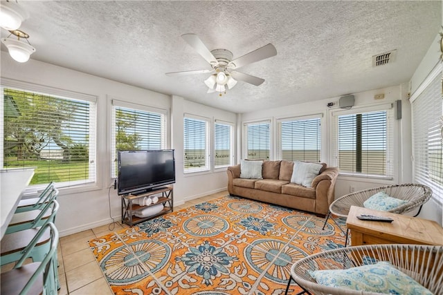 478 S County Road 1144, Riviera, TX 78379 - living area with light tile patterned floors, a ceiling fan, baseboards, and a textured ceiling