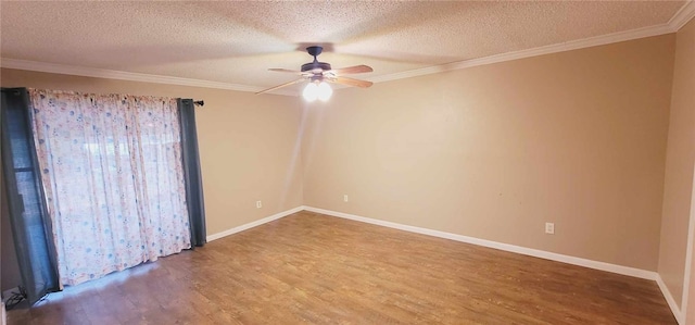 unfurnished room featuring crown molding, wood-type flooring, and a textured ceiling