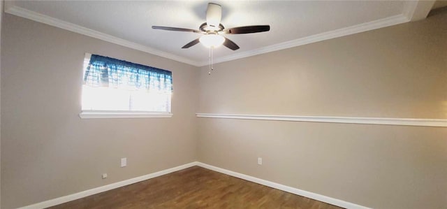 unfurnished room with ceiling fan, ornamental molding, and hardwood / wood-style flooring