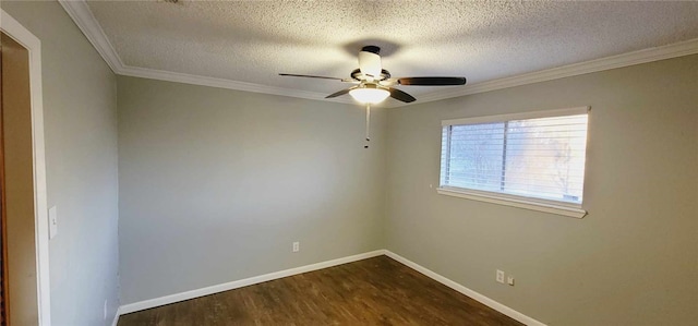 empty room with crown molding, hardwood / wood-style floors, ceiling fan, and a textured ceiling