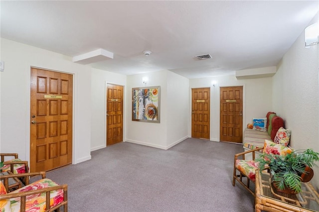 game room featuring visible vents, carpet flooring, and baseboards