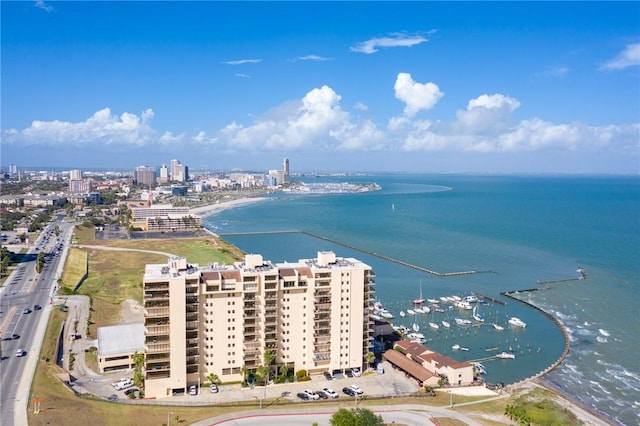aerial view with a water view and a view of city