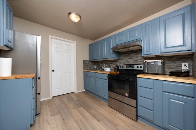 504 E Sarah St, Beeville, TX 78102 - kitchen featuring stainless steel appliances, under cabinet range hood, and blue cabinetry