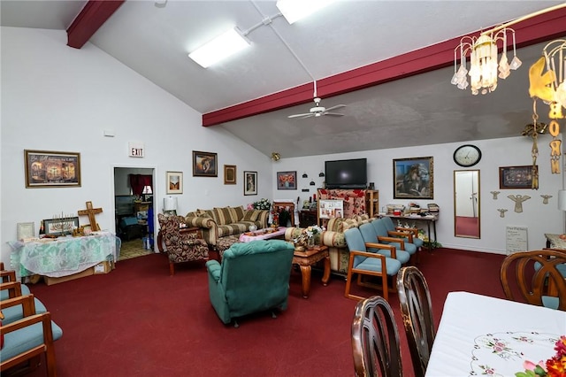 carpeted living room with ceiling fan with notable chandelier, high vaulted ceiling, and beamed ceiling