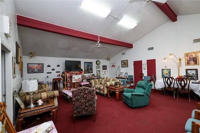 carpeted living room featuring ceiling fan, beamed ceiling, and high vaulted ceiling