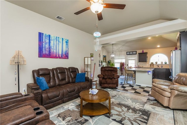 6766 Mikayla St, Corpus Christi, TX 78413 - living room with ceiling fan, vaulted ceiling, and recessed lighting