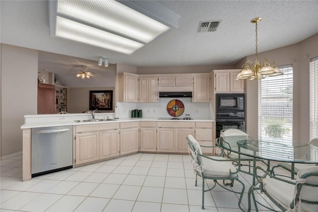 8006 Etienne Dr, Corpus Christi, TX 78414 - kitchen featuring black appliances, a sink, light countertops, a chandelier, and a peninsula