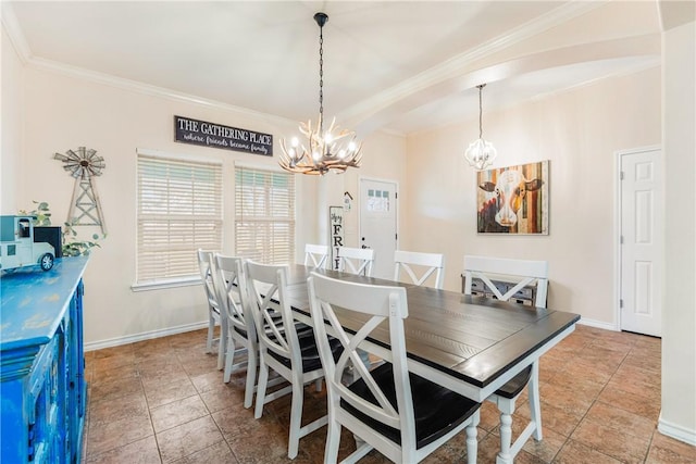 dining space featuring crown molding, baseboards, light tile patterned flooring, and a notable chandelier