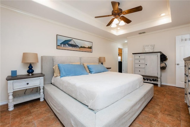 bedroom featuring recessed lighting, visible vents, baseboards, ornamental molding, and a raised ceiling