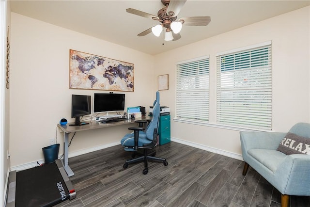 office featuring a ceiling fan, dark wood finished floors, and baseboards