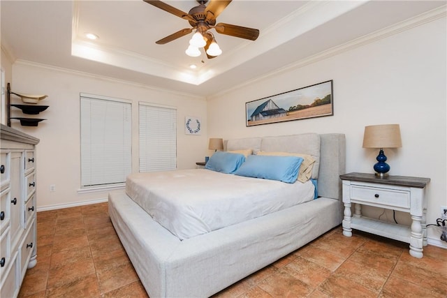 bedroom with crown molding, recessed lighting, a raised ceiling, ceiling fan, and baseboards