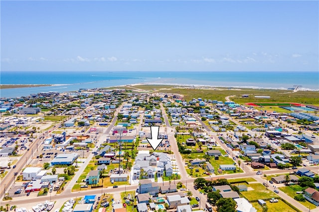 aerial view featuring a water view and a view of the beach