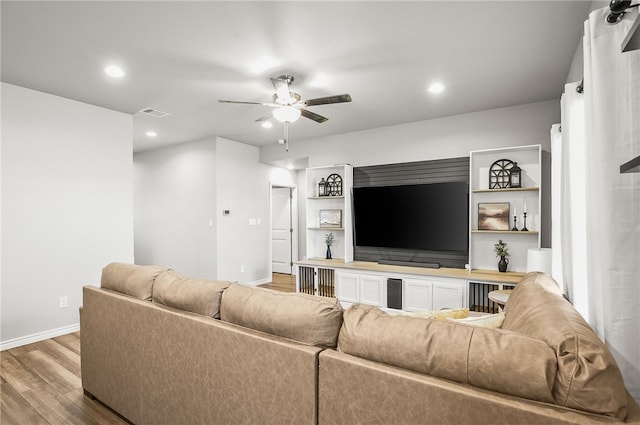 2689 Everly Ln, Corpus Christi, TX 78415 - living room featuring wood finished floors, a ceiling fan, baseboards, and recessed lighting