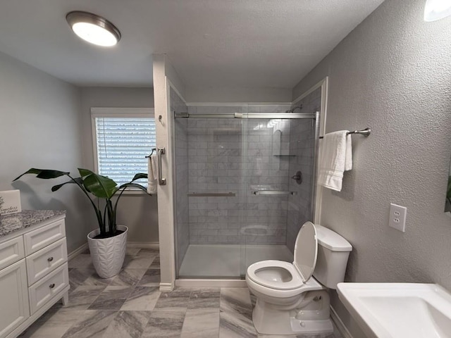 bathroom with toilet, a shower with door, and vanity