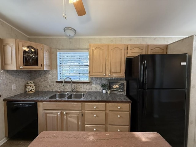 kitchen with sink, light brown cabinets, ceiling fan, tasteful backsplash, and black appliances