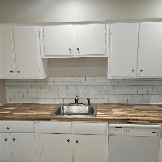 4749 Mokry Dr, Corpus Christi, TX 78415 - kitchen with wood counters, dishwasher, a sink, and white cabinetry