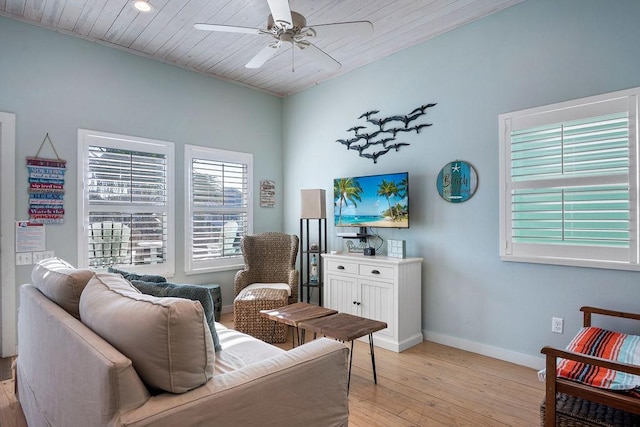 living area with light wood-type flooring, wood ceiling, baseboards, and a ceiling fan