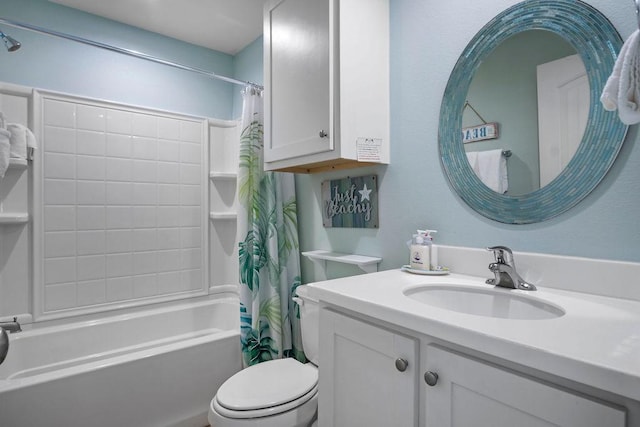 bathroom with shower / bath combo with shower curtain, vanity, and toilet