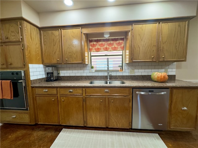 kitchen with decorative backsplash, oven, stainless steel dishwasher, and sink