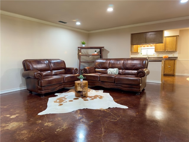 living room featuring sink and crown molding