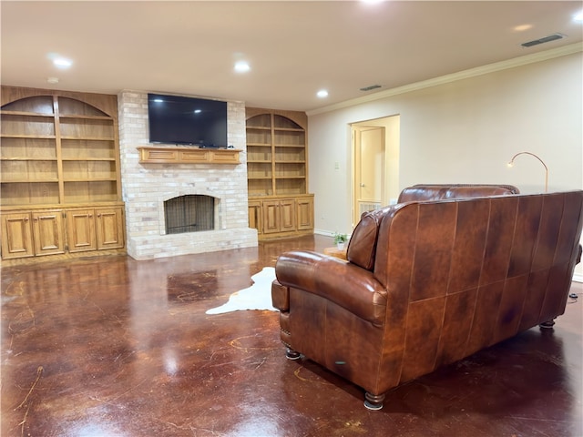 living room featuring built in features, ornamental molding, and a brick fireplace