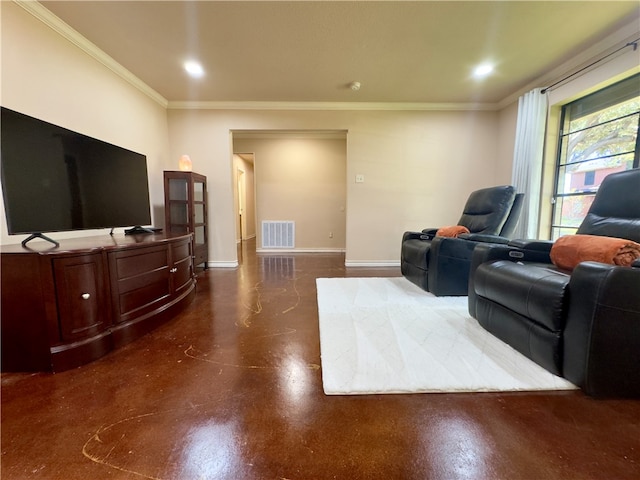 living room with crown molding