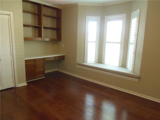 425 Seco Dr, Portland, TX 78374 - unfurnished office with built in study area, dark wood-style flooring, and crown molding