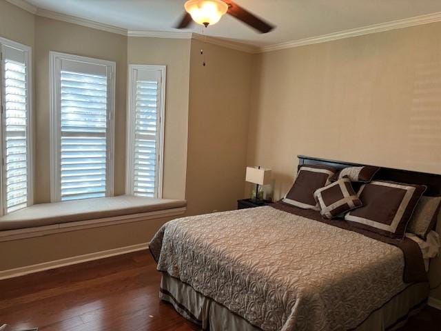 425 Seco Dr, Portland, TX 78374 - bedroom with dark wood-style flooring, ornamental molding, and ceiling fan