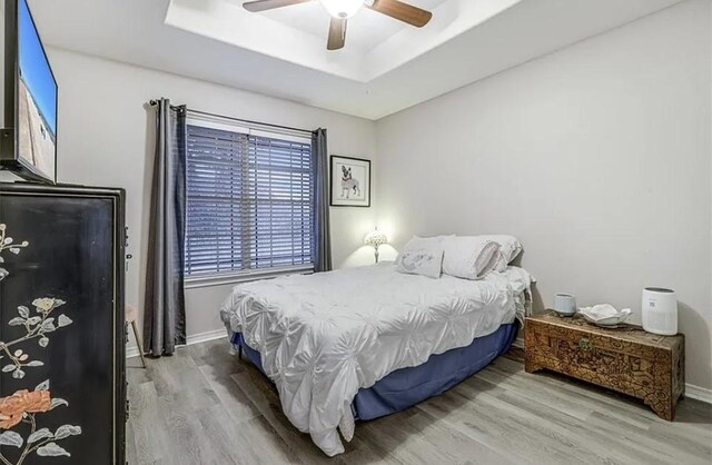 14877 Cobo De Bara, Corpus Christi, TX 78418 - bedroom with a tray ceiling, wood finished floors, and a ceiling fan