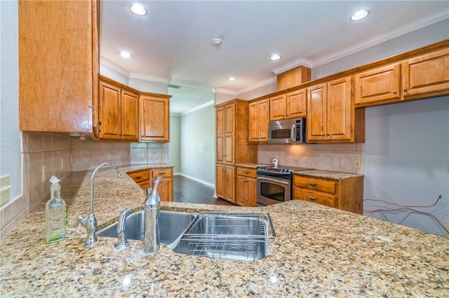 kitchen featuring sink, light stone counters, ornamental molding, and stainless steel appliances