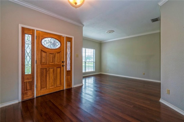 entryway with dark hardwood / wood-style flooring and crown molding