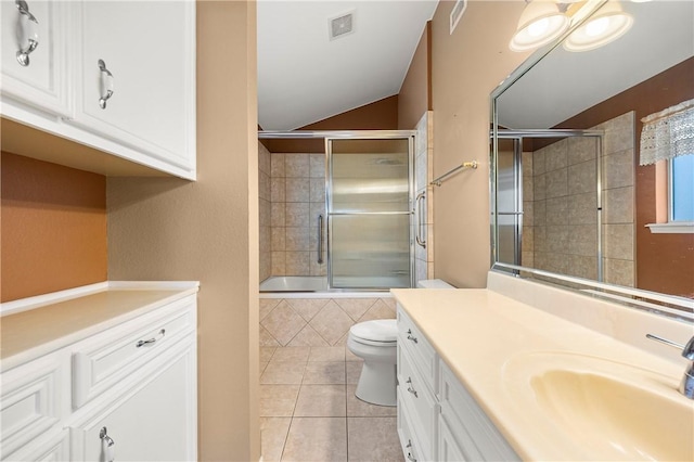 full bath featuring visible vents, toilet, vaulted ceiling, tile patterned floors, and vanity