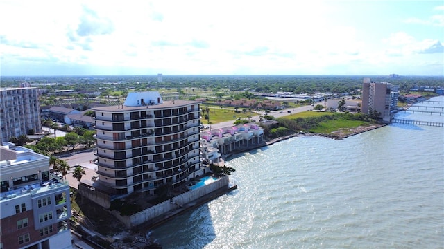 drone / aerial view with a water view