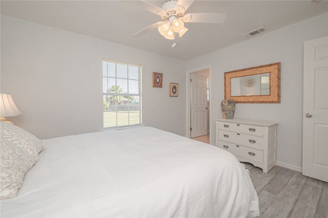 bedroom with ceiling fan and light wood-type flooring