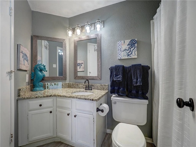 bathroom with toilet, a textured wall, and vanity